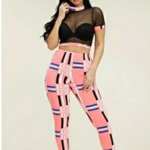 PINK/BLUE Short Sleeve Mesh CropTop & Leggings Set